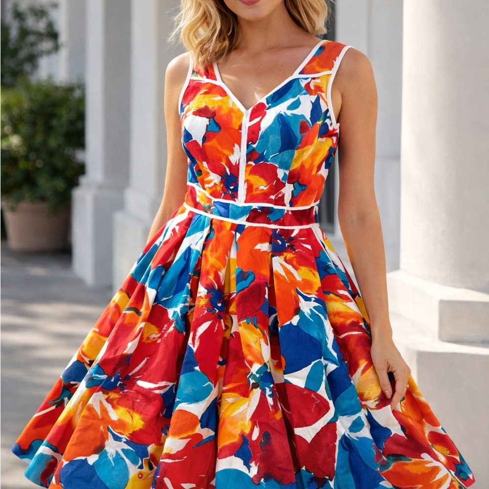 Vibrant Abstract Floral Fit & Flare Sleeveless Dress with White Pipin - Picture 1 of 7